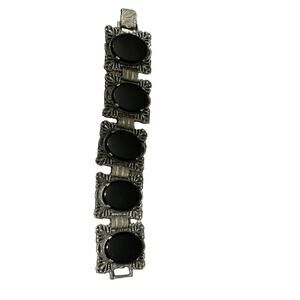 Vintage Park Lane Signed Black Cabochon Silver‎ Bracelet 7.5 in.